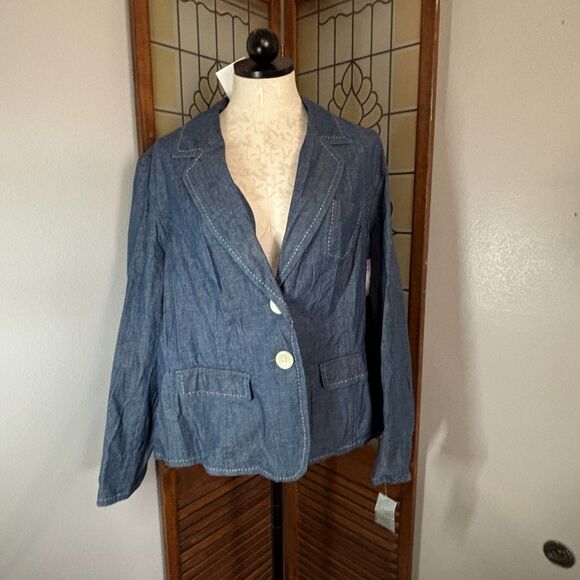 Charter Club Chambray Blazer White Contrast Stitching Plus Size 16W NWT - Picture 1 of 12